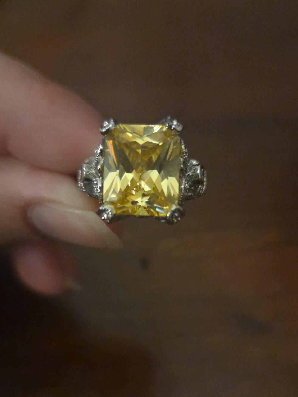 Yellow Cushion-Cut Statement Ring with Silver Setting Size 7